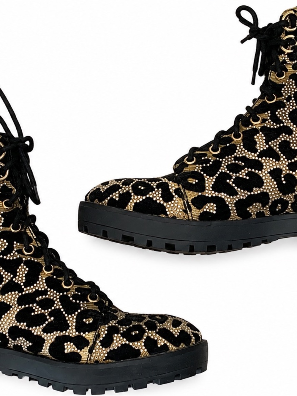 NWOT Gianni Bini Rhinestone Leopard Combat Boots Black Gold Women’s 9.5M